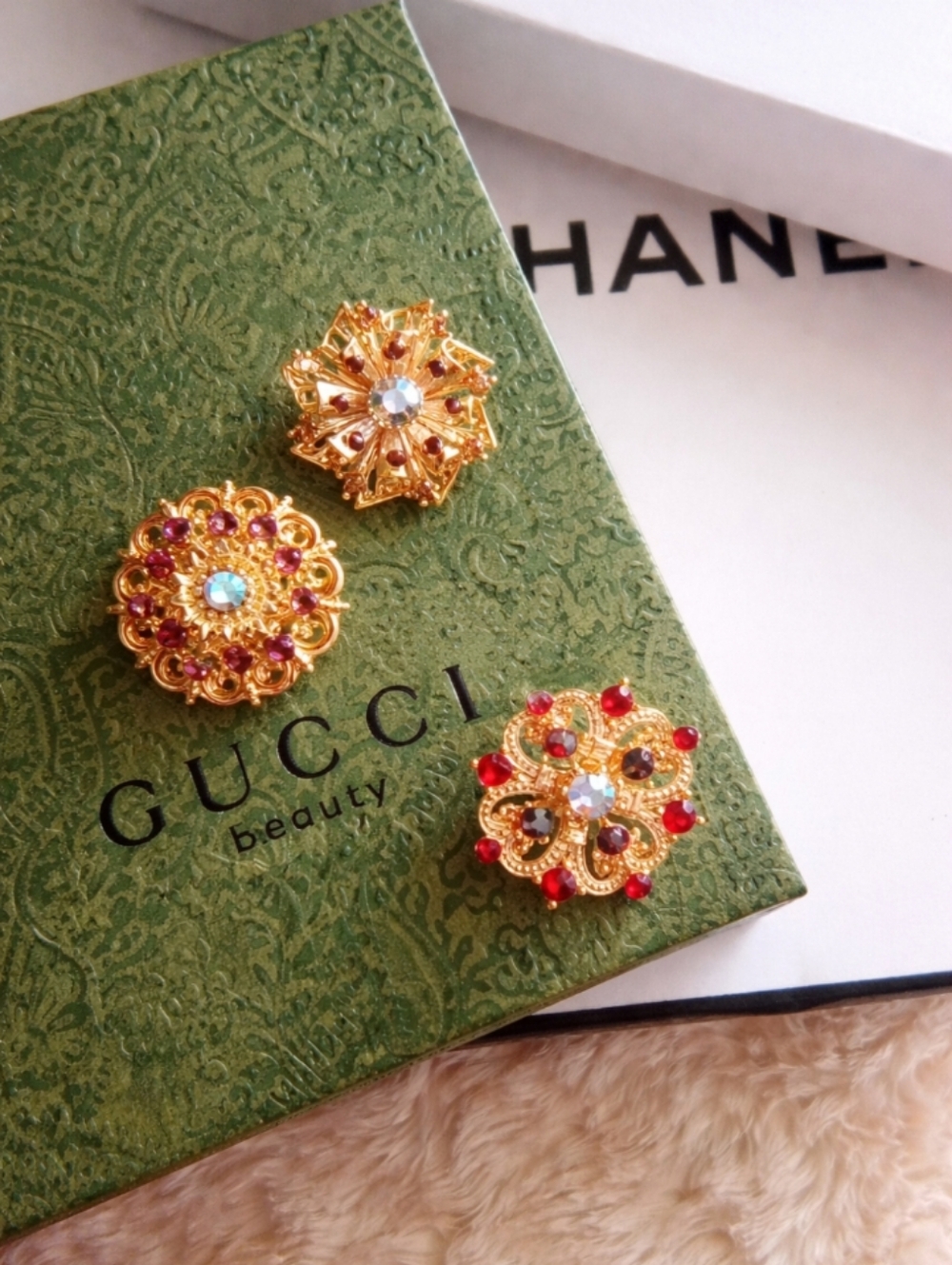 Gold-Tone Floral Crystal Brooches Set - Burgundy Red Pink- Vintage Estate